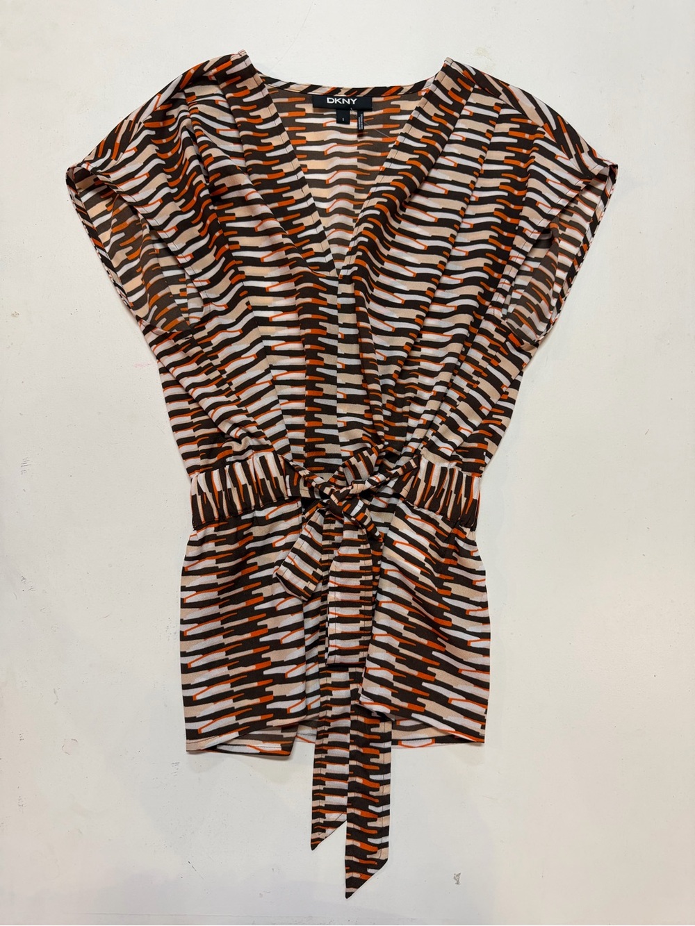 DKNY Brown, Cream & Orange Geometric Tie-Waist Blouse